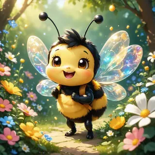 A cheerful cartoon bee character with large, round eyes and a big smile, wearing a tiny backpack. The bee is buzzing playfully among colorful flowers in a bright and sunny garden. Its wings are semi-transparent, shimmering in the sunlight, giving a fun and lively appearance.